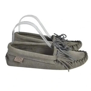 Laurentian Chief Canada Moccasins Spider Fringe  Flap Suede Gray Size 7